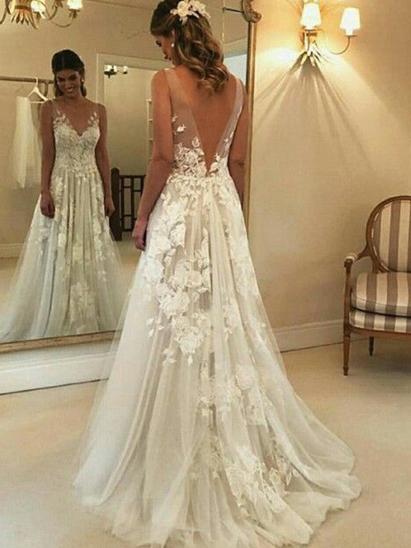 Wholesale A-Line/Princess V-neck Sleeveless Sweep/Brush Train Applique Tulle Wedding Dresses